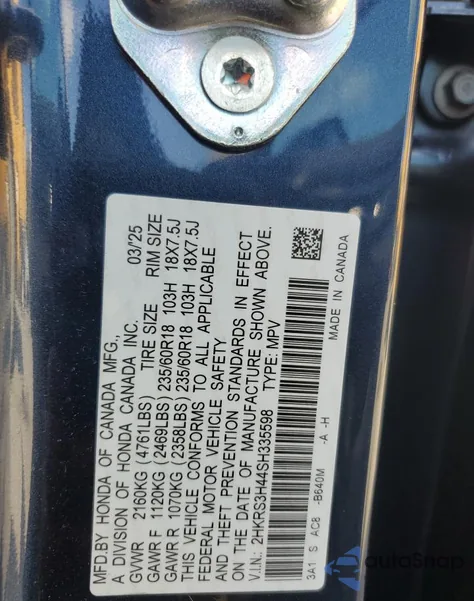 2025 Honda Cr-V Ex z USA, uszkodzony, nr VIN 2HKRS3H44SH335598